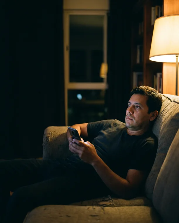 Hombre en el sofá con el celular en la mano